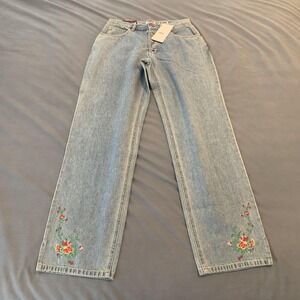 Vintage Hot Stuff Jeans Juniors 7 Blue High Rise Straight Floral Embroidered 90s